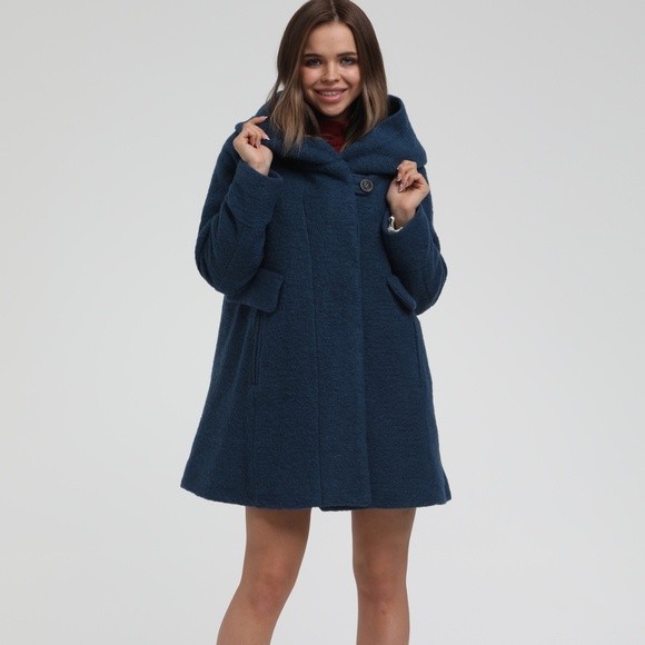 Jackets & Blazers - Blue Italian Brushed Wool hooded swing coat